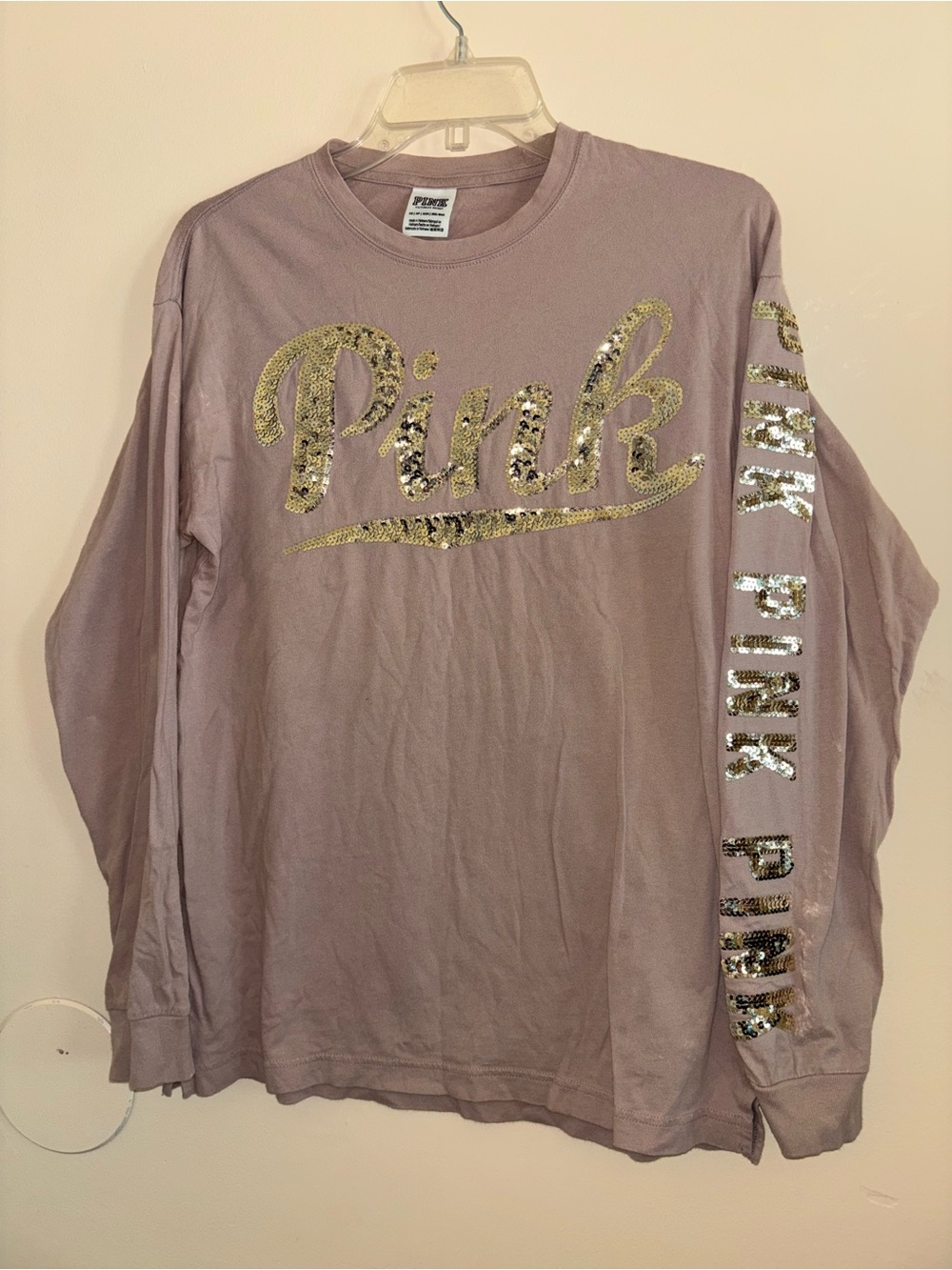 PINK Victoria's Secret Mauve Long-Sleeve Tee with Gold Sequin Logo